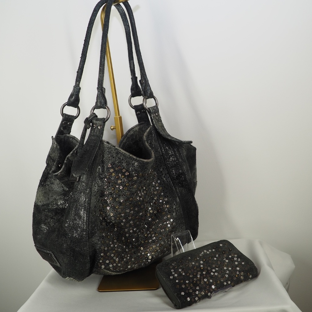 RARE Frye Deborah Studded Slate Gray Leather Bag + Matching Zip Wallet